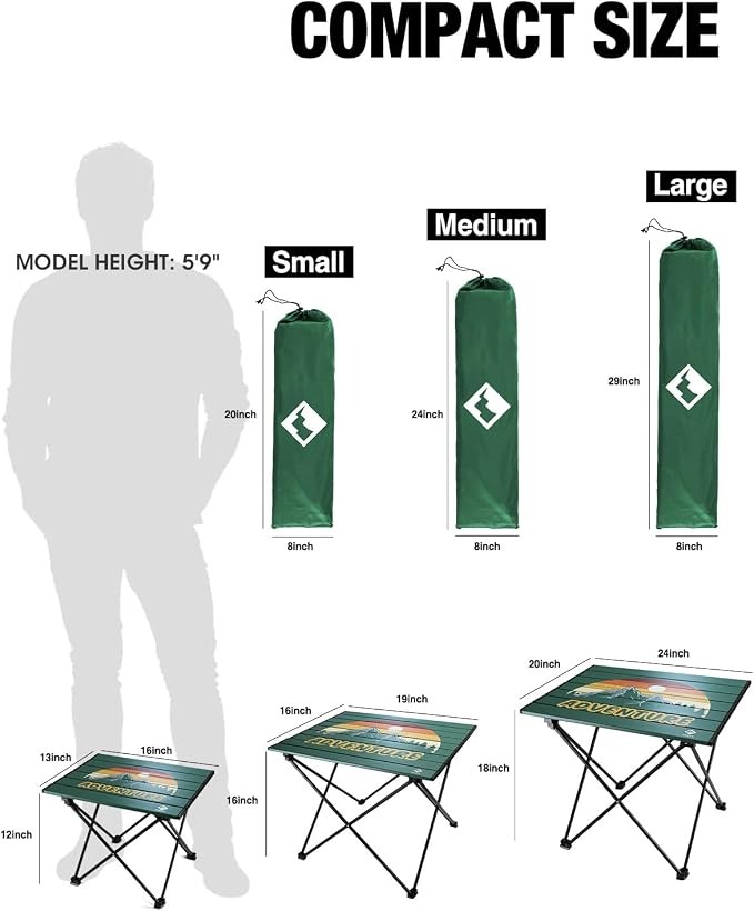 VILLEY Portable Camping Side Table, Ultralight Aluminum Folding Camp Table with Mountain Silhouette Print and Carry Bag, Compact Outdoor Picnic Table for Camping, Beach, Hiking, Travel, Medium