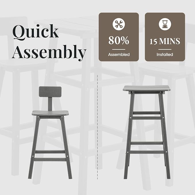 Bar Height Chairs Set of 2, HDPE Front Porch Chairs Set, Weather Resistance Outdoor Bar Stools Set for Spas, Cafes, Swimming Areas, Lodges and Hotels - Grey