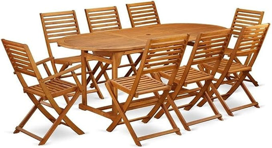 East West Furniture BSBS92CANA 9 Piece Patio Dining Set Includes an Oval Outdoor Acacia Wood Table and 2 Folding Arm Chairs with 6 Side Chairs, 36x78 Inch, Natural Oil