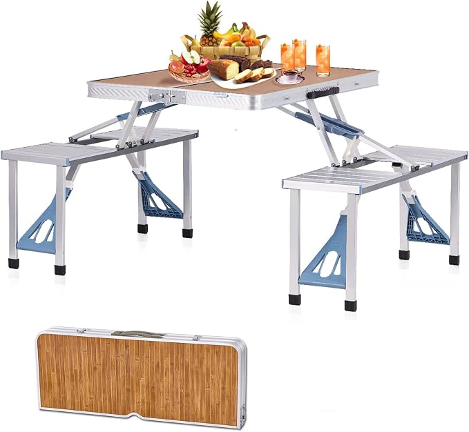 Panda Eye Folding Picnic Table with Seats Chairs and Umbrella Hole, Portable 4-Person Fold Up Travel Picnic Table for Indoor Outdoor Travel, Camping,BBQ,Party,Bamboo+ Aluminum Alloy (Silver)