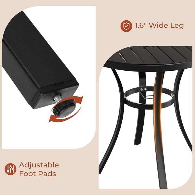 TLSUNNY 27.6" Outdoor Patio Round Dining Table for 2, Patio Table with 1.57"-1.8" Adjustable Umbrella Hole & Foot Pads, Metal Steel Frame & E-Coating, All Weather for Lawn Poolside (27.6")