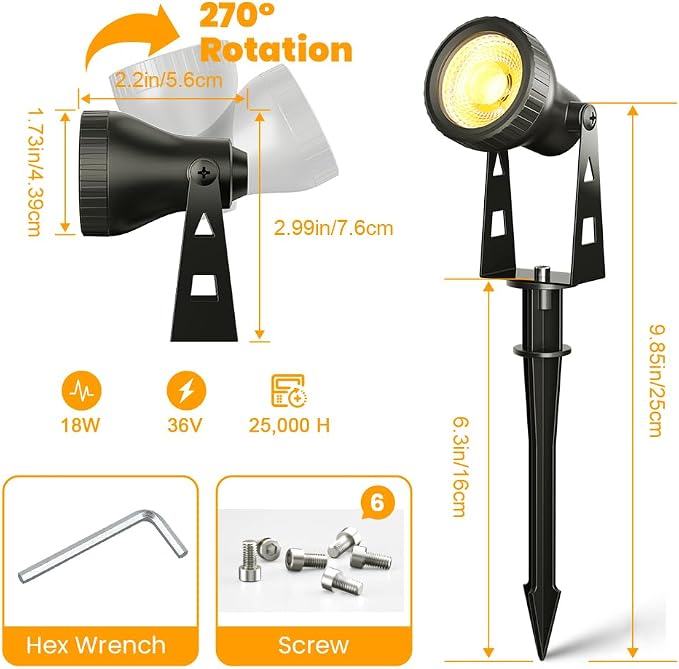 FOOMAN 6-Pack Spot Lights Outdoor, Low Voltage Landscape Lighting | LED Pathway Lights with Transformer, IP68 Waterproof Warm White Spotlight for Yard Garden Flags House Lawn Tree