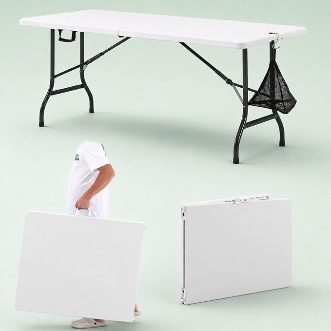 VECELO 6Ft Folding Picnic Table, Indoor Outdoor Plastic Portable Foldable Desk with Handle, Mesh Trash Bag&Lock Legs Heavy Duty for Camping, Dining, Party, White