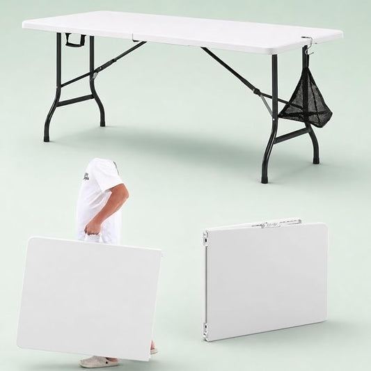 VECELO 6Ft Folding Picnic Table, Indoor Outdoor Plastic Portable Foldable Desk with Handle, Mesh Trash Bag&Lock Legs Heavy Duty for Camping, Dining, Party, White