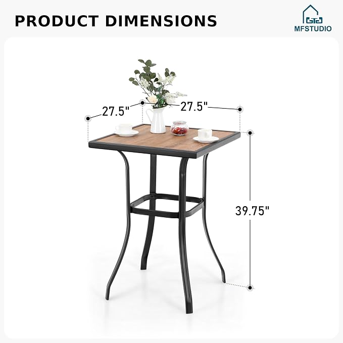 MFSTUDIO 39.3” Patio Bar Height Bar Table, with 27.5” Square PVC Wood Like Table Top for 2, All Weather Resistant Outdoor Table, Black and Brown