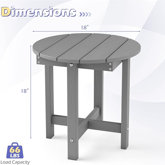 Tangkula Round Outdoor Side Table Set of 2, Adirondack Side Table with Weather-Resistant, Waterproof Top, Small Outside End Table for Patio Deck Pool Porch, Easy Maintenance (Grey,2)