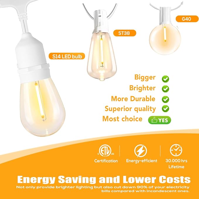 Outdoor String Lights White LED Waterproof 100FT for Patio Backyard Wedding | Linkable White Outdoor Lighting IP65 Weatherproof , 30+2 Plastic Dimmable Edison Bulbs for Outside Bistro Garden Porch Gazebo