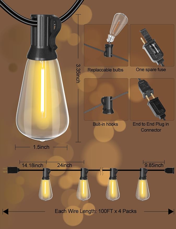 Outdoor String Lights Waterproof 400FT with 212 Patio Lighting for Porch | Connectable Outside Lights with Dimmable Shatterproof LED Edison Bulbs for Backyard Bistro Gazebo Garden Balcony Cafe Party