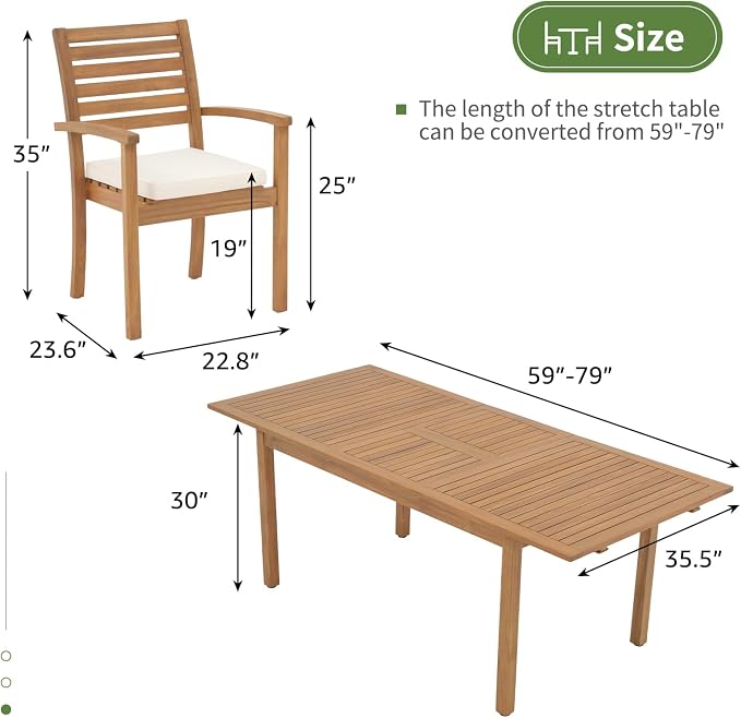 OC Orange-Casual 5 Piece Patio Dining Set, Outdoor Acacia Wood Furniture Set, Extendable Rectangular Solid Table and 4 Stackable Chairs for Lawn Backyard Deck, White Cushion