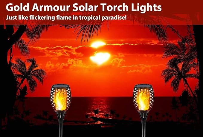 Gold Armour Solar Lights Outdoor - Flickering Flames Torch Lights Solar Light 42.9in Tall, Waterproof Dancing Flame Lighting 96 LED Dusk to Dawn Flickering Tiki Torches Outdoor Garden (4Pack)