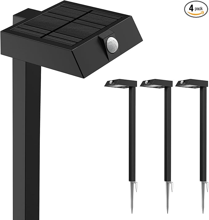 XMCOSY+ Solar Pathway Lights, 4 Pack Metal Motion Sensor Outdoor Lights | 300LM bright garden light for yard, backyard, driveway, walkway, 3 lighting modes, all-night lighting (warm/cool white)