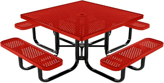 COATEDOUTDOORFURNITURE Heavy-Duty Portable Outdoor Kids Table with Umbrella Hole, Punched Steel Kids Picnic Table, Commercial-Grade, Made in America (46 in, Square, Childrens, Red)