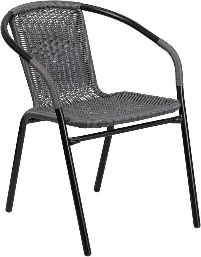 Flash Furniture Lila 28'' Square Glass Metal Table with Gray Rattan Edging and 2 Gray Rattan Stack Chairs
