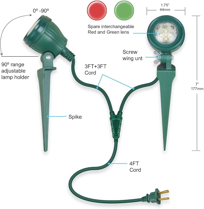 OSKOS LED Christmas Spotlight projectors, one-to-Two Y-Shaped Design, Outdoor Waterproof floodlights, Includes Two Additional Lenses (red and Green), Ground Stake, Suitable for Holiday Decorations
