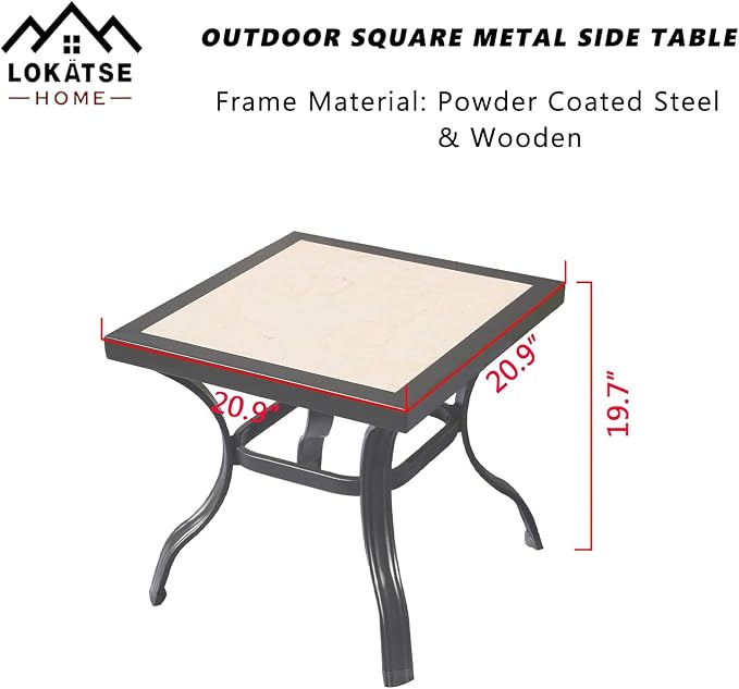 LOKATSE Home 21" Outdoor Square Patio Bistro End Table Metal Steel Legs with Ceramics Top, Black
