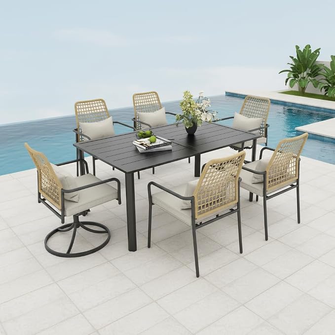 Anmutig Outdoor Dining Table for 6-8 Person Weather-Resistant Patio Table with Umbrella Hole, 63L x 38W x 29H inches, Black Metal Frame Easy Install Black Outdoor Table for Backyard Garden Lawn