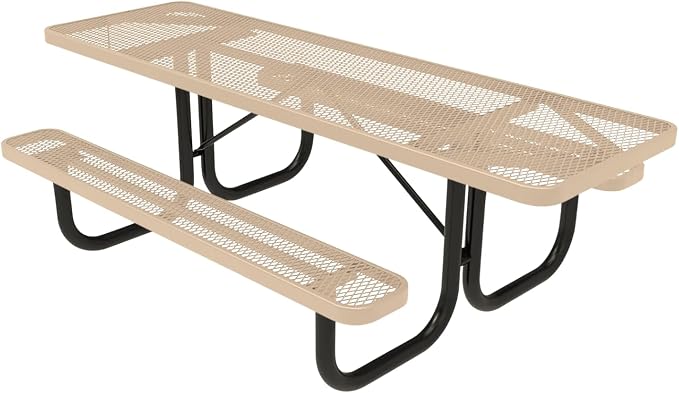COATEDOUTDOORFURNITURE Heavy-Duty Portable ADA-Compliant Outdoor Picnic Table, Expanded Metal Patio Dining Furniture Made in America (8ft Rectangular, Both-Side Handicap, Tan)