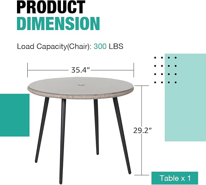 Patiorama Outdoor Dining Table, 35'' Patio Round Table, All-Weather Rope Rattan Wicker Patio Dining Table, Patio Tempered Glass Table with Umbrella Hole, Outdoor Coffee Table for Lawn Garden Pool(Tan)