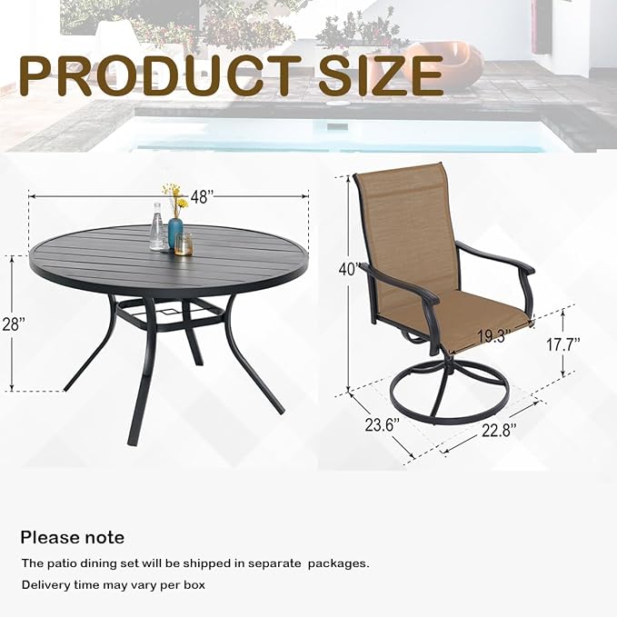 Anmutig 5-Piece Outdoor Dining Set, 48" Round Table with 4 Swivel Textilene Chairs All Weather Furniture Set, Brown