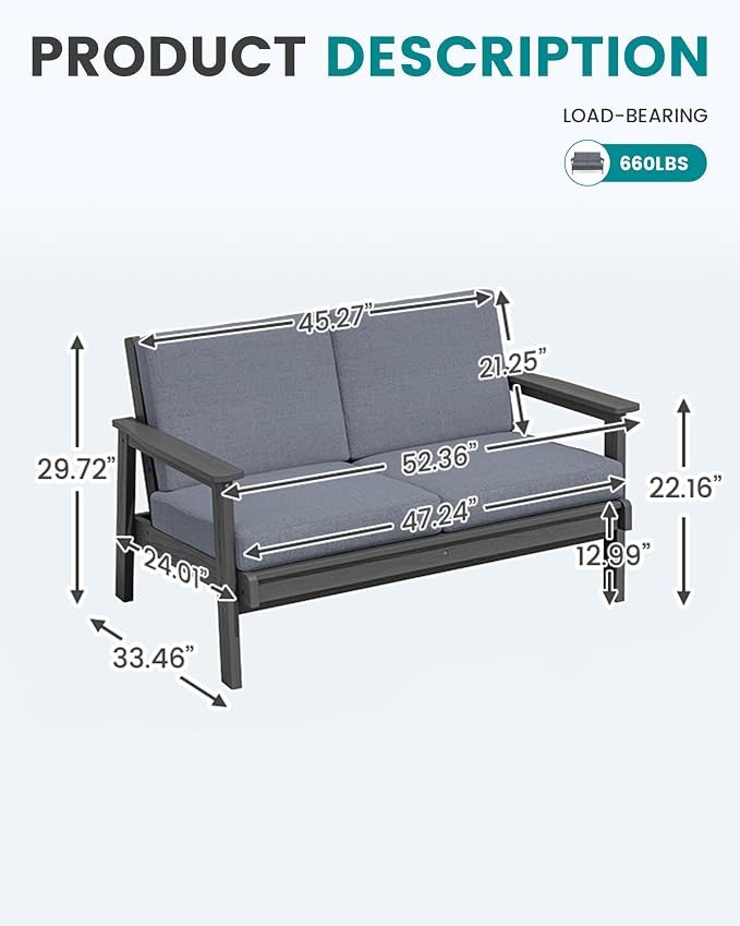 SERWALL Patio Furniture Set with 33” Fire Pit Table, HDPE Outdoor Sectional Sofa Set with Thickened Cushions, Grey Frame with Grey Cushions