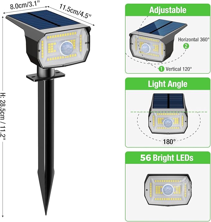 nipify 12 Pack Solar Lights Outdoor, Motion Sensor Spot Landscape Light | 3 Modes/56 LED, Warm White, Waterproof, Solar Powered, Landscaping, Lighting for Outside Pathway Yard Garden Walkway