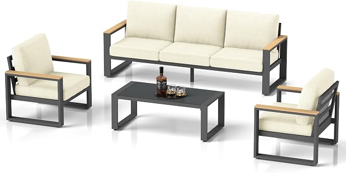 RoyalCraft Aluminum Patio Furniture, 5-Seats Metal Outdoor Furniture Set with Coffee Table, Modern Patio Sofa Sets Outdoor Conversation Set for Pool Garden Porch Backyard, Beige