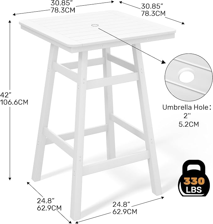 Costaelm Outdoor Bar Table, 42" Counter Height Square Patio Cocktail Bar Table with Umbrella Hole, Patio Bistro Dining Pub Table for Front Porch Deck Backyard Garden, White