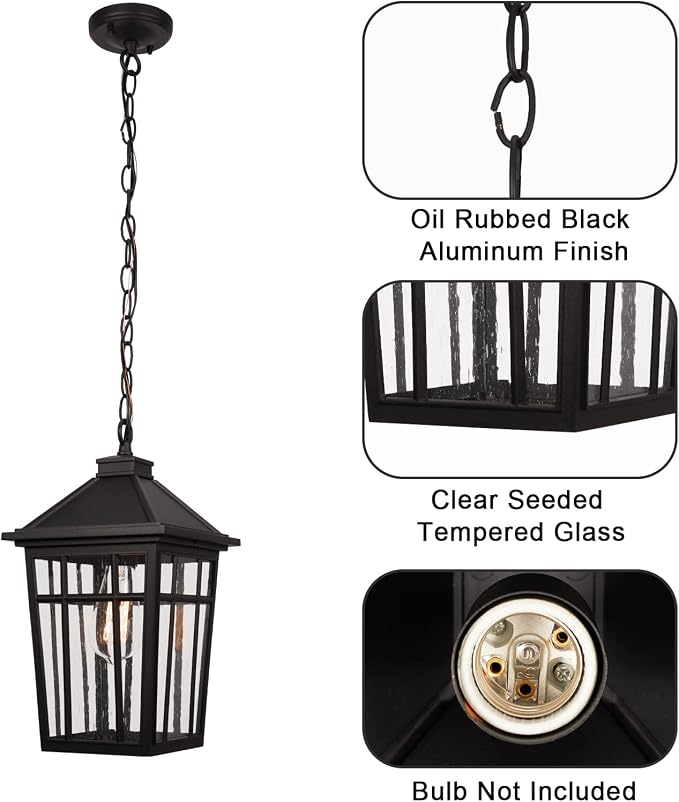 Darkaway Large Outdoor Pendant Light Fixture, 16inch Outdoor Hanging Light Porch Lights Fixtures Anti-Rust Waterproof Aluminum with Seeded Glass for Porch Entryway Doorway Farmhouse (Black，Large)