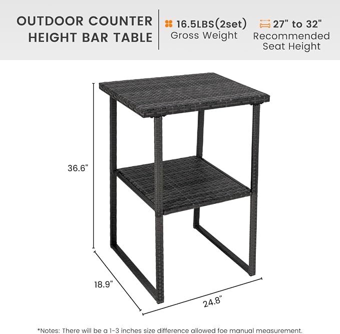 Sundale Outdoor Wicker Bar Table, 36 Inch Counter Height Patio High Top Dining Table, Rattan Bistro Pub Table with Storage Shelf for Deck Poolside Balcony Garden, Charcoal Gray