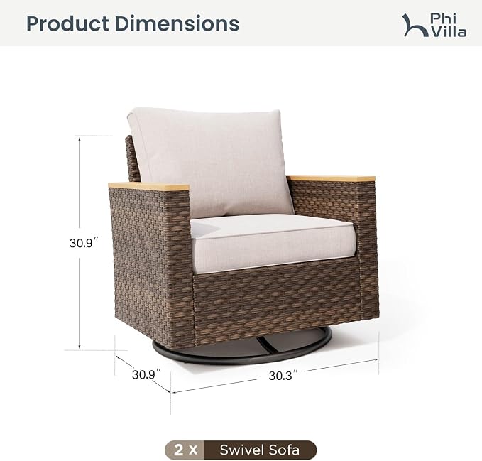 PHI VILLA Wicker Patio Furniture Set with Swivel Chairs, Rattan Sectional Outdoor Couch with Deep Seating for Poolside, Backyard, 2 x Swivel Patio Sofa, Beige Color