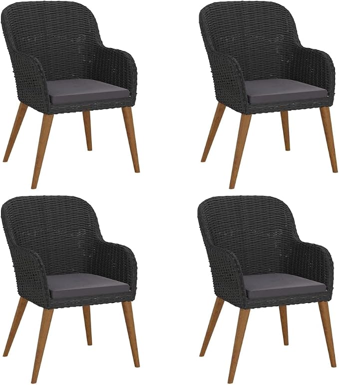 5 Piece Patio Dining Set with Cushions Black Acacia Wood and Steel Outdoor Table and Chairs for Garden Backyard Entertainment Tempered Glass Top