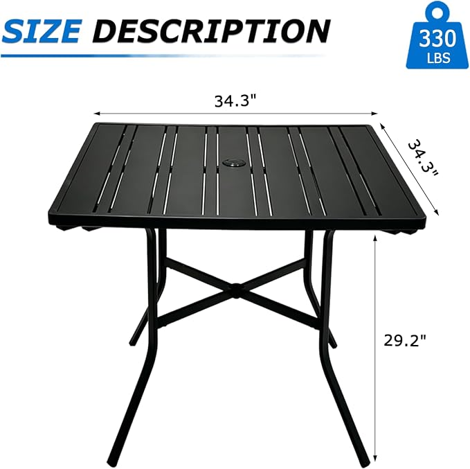 4-Person Small Metal Square Table for Outdoor Patio, Sturdy Backyard Dining Table with Slatted Top & Umbrella Hole, Modern Weatherproof Table for Lawn, Poolside & Balcony
