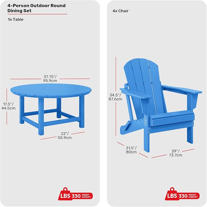Costaelm Patio Conversation Set, 5 piece Balcony Furniture, Small Patio Firepit Furniture Outdoor Adirondack Round Coffee Table and Chair for Backyard Lawn Porch Pool Garden, Pacific Blue