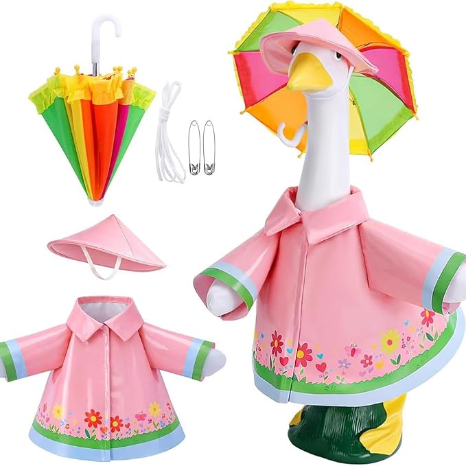 Raincoat Porch Goose Outfits with Umbrella Hat, Goose Spring Outfit Lawn Goose Raincoat Clothes Costume Fits 23" Geese Statue, Summer Garden Lawn Patio Yard Outdoor Decor (Raincoat-pink flower)