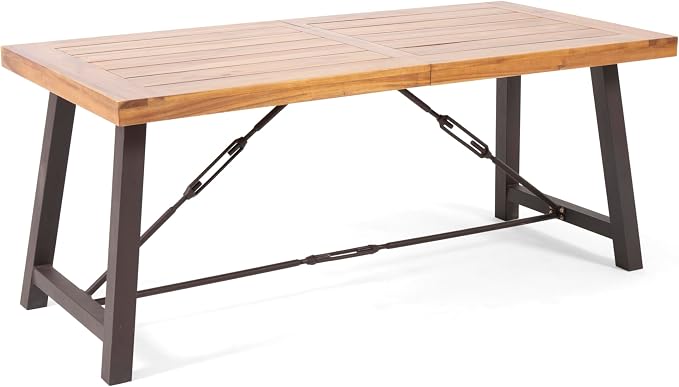 Acacia Wood Outdoor Dining Table Metal Base Teak Color Durable All-Weather Design Ideal for Patio Garden and Backyard Use