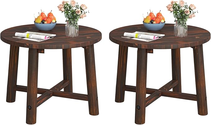 Tangkula Outdoor Side Table, Patio End Table with Solid Wood Structure, Small Round Coffee Table for Garden, Deck, Poolside & Indoors (2, Brown)