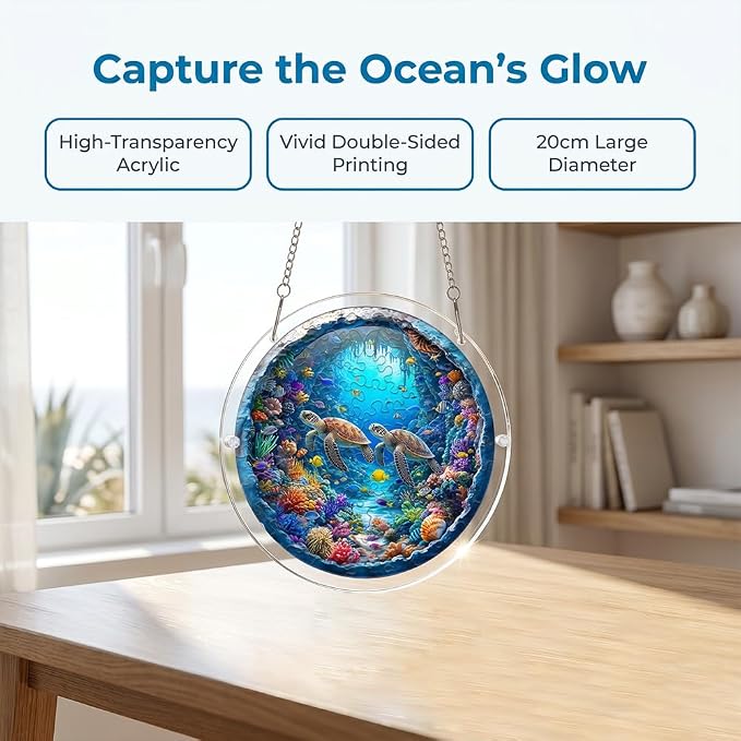 Acrylic Puzzle Suncatcher, Sea Turtle 3D Ocean Pattern Sun Catcher Jigsaw Puzzle Window Hanging, Acrylic Puzzles Kit Home Garden Decor, for Mom, Wife, Sisters, 7.87 inch