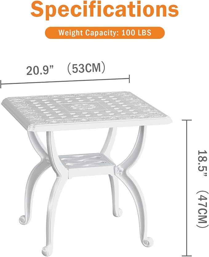 21" Patio Bistro Table, Cast Aluminum Table, Outdoor Table for Garden/Yard/Pool/Porch, White