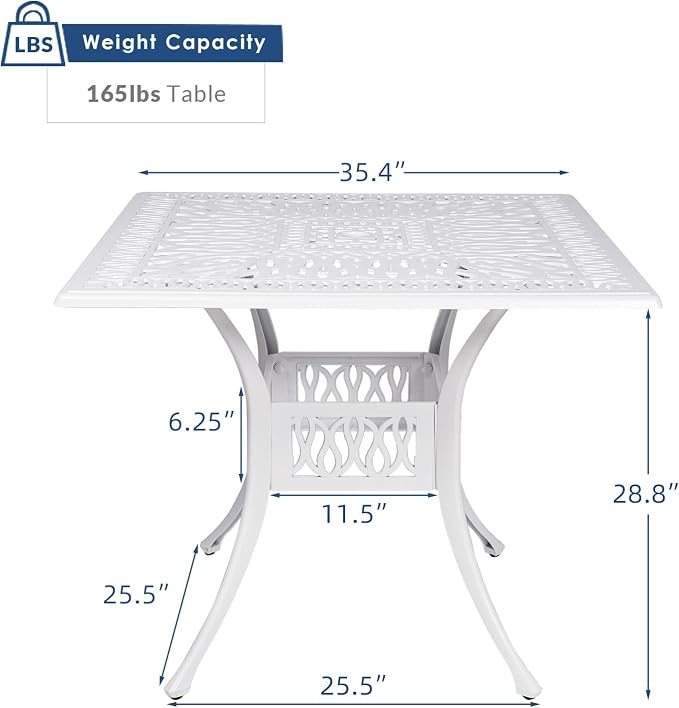 35.4 Inch Outdoor Dining Table Square Patio Table Bronze Cast Aluminum Rustic Large Table with Umbrella Hole, White
