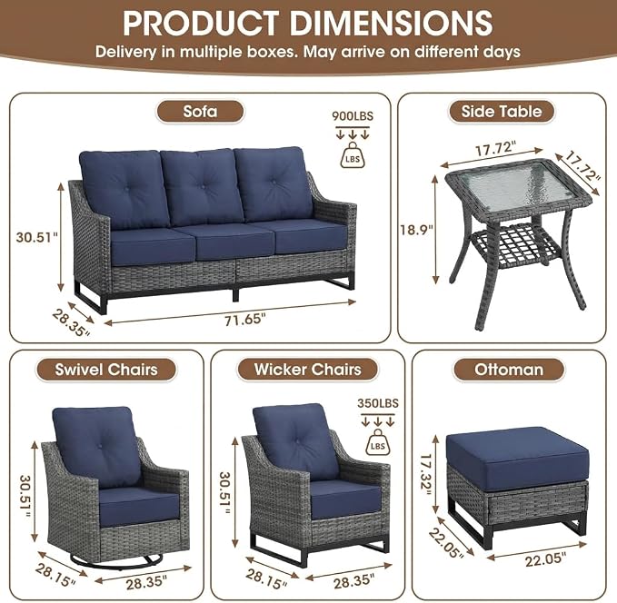 5-Piece Outdoor Patio Furniture Set, Grey Wicker Conversation Set with 2 Swivel Chairs, 2 Ottomans and Side Table, 6-Inch Blue Cushions for Porch, Deck, Backyard