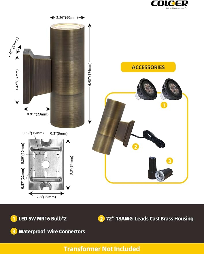 COLOER Brass Outdoor Cylinder Wall Lights(Bronze 6.875" H x 4.25" W) 4 Pack with LED MR16, 12V Low Voltage Porch Light in 2 Lights, 2700K Up Down Lights, Outside Light for House Porch Patio Door
