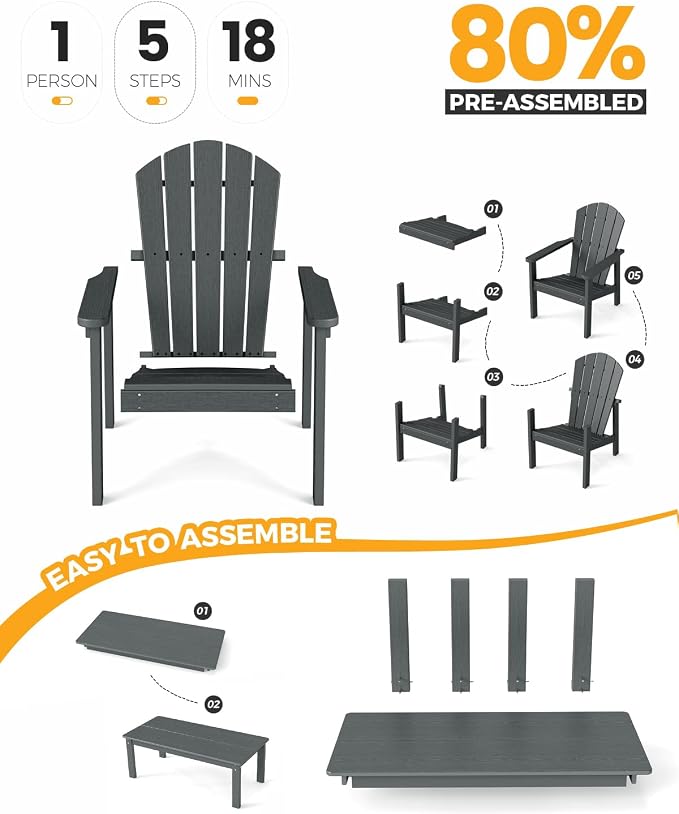 nevilywood 5-Piece HDPE Adirondack Chair Set, 4 Stackable Chairs Coffee Table, All-Weather Wood Grain, Patio Garden Backyard,Gray