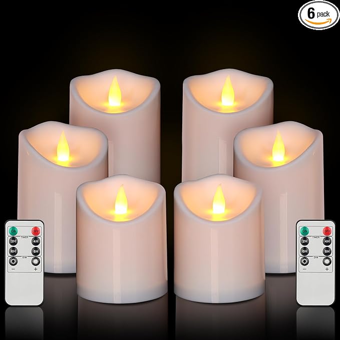 Flameless Candles Set of 6 Plastic Pillars with Cozy Climbing Flame Ambient Effect Waterproof Outdoor Battery Operated Candles with 2 Remotes & Timer for Patio Garden & Home Decor (White)