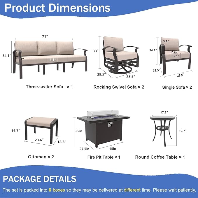 Aluminum Patio Furniture Set with Fire Pit Table, 9 Seats Outdoor Patio Conversation Sets with Swivel Chair Modern Metal Sectional Sofa with Upgrade Cushions for Patio, Backyard - Sand