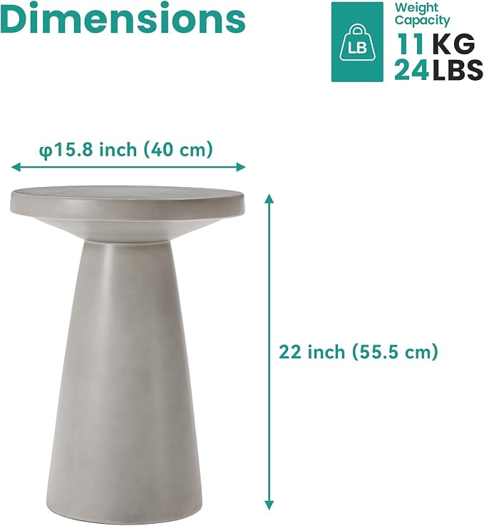 SUNBURY Outdoor Side Table Large, 22" H Concrete End Table w Conical Pedestal, Lightweight Round Accent Table, Decorative Modern Coffee Table, Garden Planter Stand for Patio, Porch, Living Room, Grey
