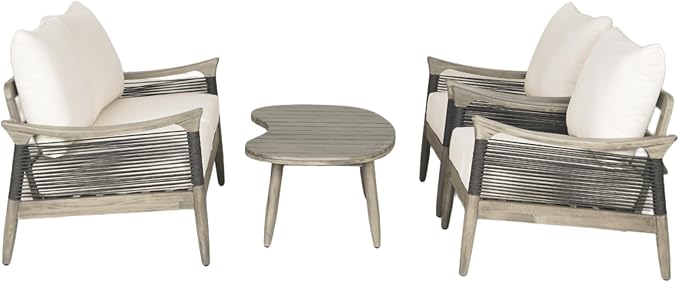 Merax 4-Piece Acacia Wood Patio Set with Loveseat, Chairs & Table | Grey Acacia Frame, Dark Grey Rope, Beige Cushions, Deep Seating And Coffee Table For Porch, Garden, Backyard Or Balcony
