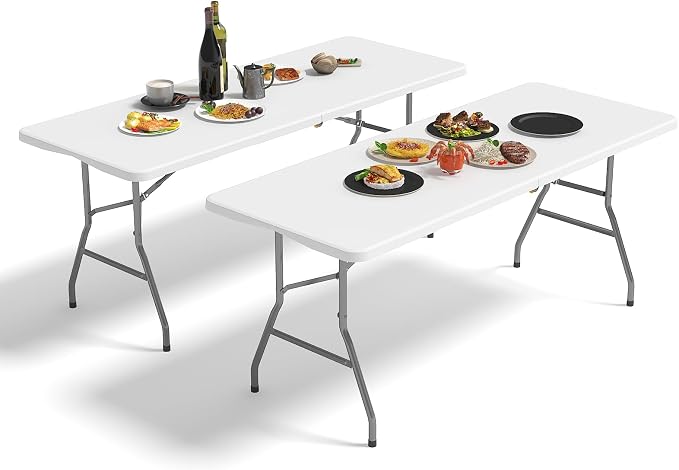 6FT Folding Table 2 Pack, Portable Plastic Folding Table, Fold up Tables with Carrying Handle, Easy Foldable and Storage for Dinning Camping Picnic Indoor Outdoor
