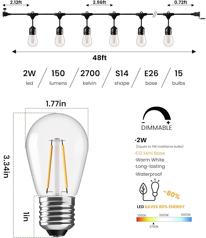 Svater 192 FT Outdoor String Lights 2W S14 LED Commercial Grade Waterproof | IP65 Hanging Light for Patio Outside Cafe Market Antique Edison Bulbs, ETL-Listed Warm White (48 FT*4)