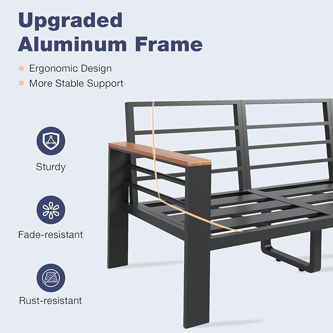 Aoxun Aluminum Patio Furniture Set 4 Seats, Oversized Outdoor Sectional with Washable Thick Cushions, Coffee Table, Patio Conversation Sets for Porch, Balcony, Deck