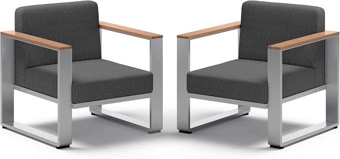 2 Pieces Outdoor Aluminum Armchair, Modern Patio Patio Furniture with Wide Seat and Thick Cushions, All-Weather Oversized Couch for Deck, Porch